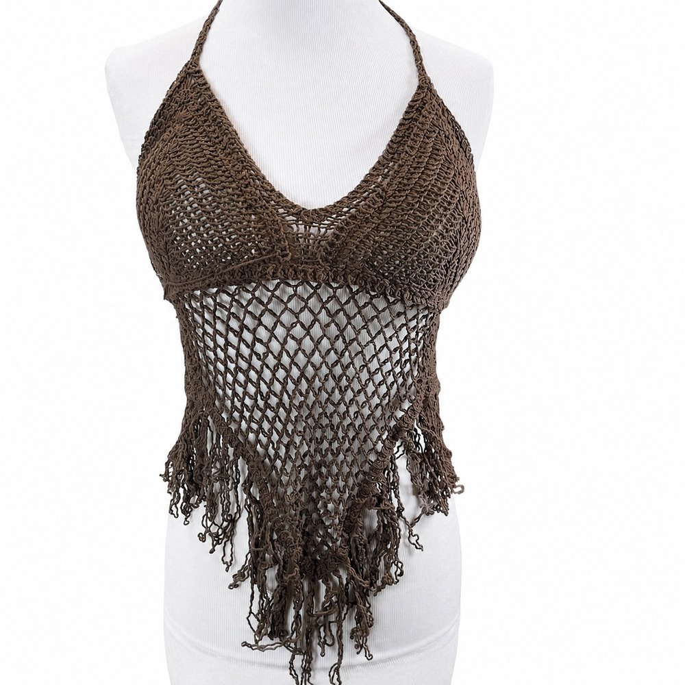Sans Souci NWT Womens Crochet Halter Top Brown Fringe Boho Festival Medium - Picture 1 of 4